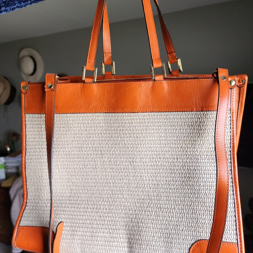 Orange Italian Genuine Leather Basket Weave Tote